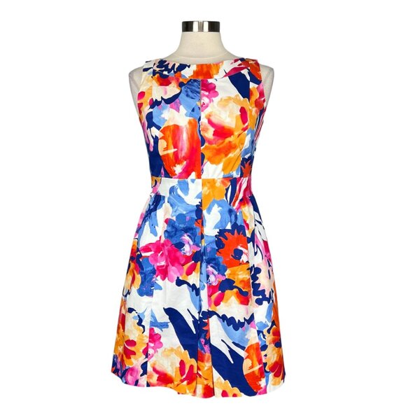 Tyler Boe Womens Floral Sleeveless Fit Flare Dress Blue Orange Cotton size 8 - Picture 1 of 13